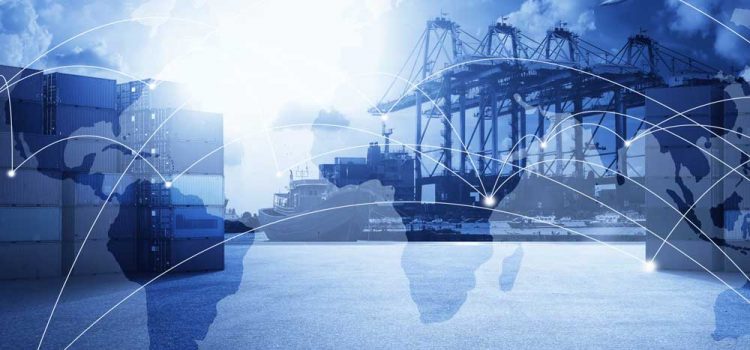 Graphic showing shipping yard with an overlay of a world map