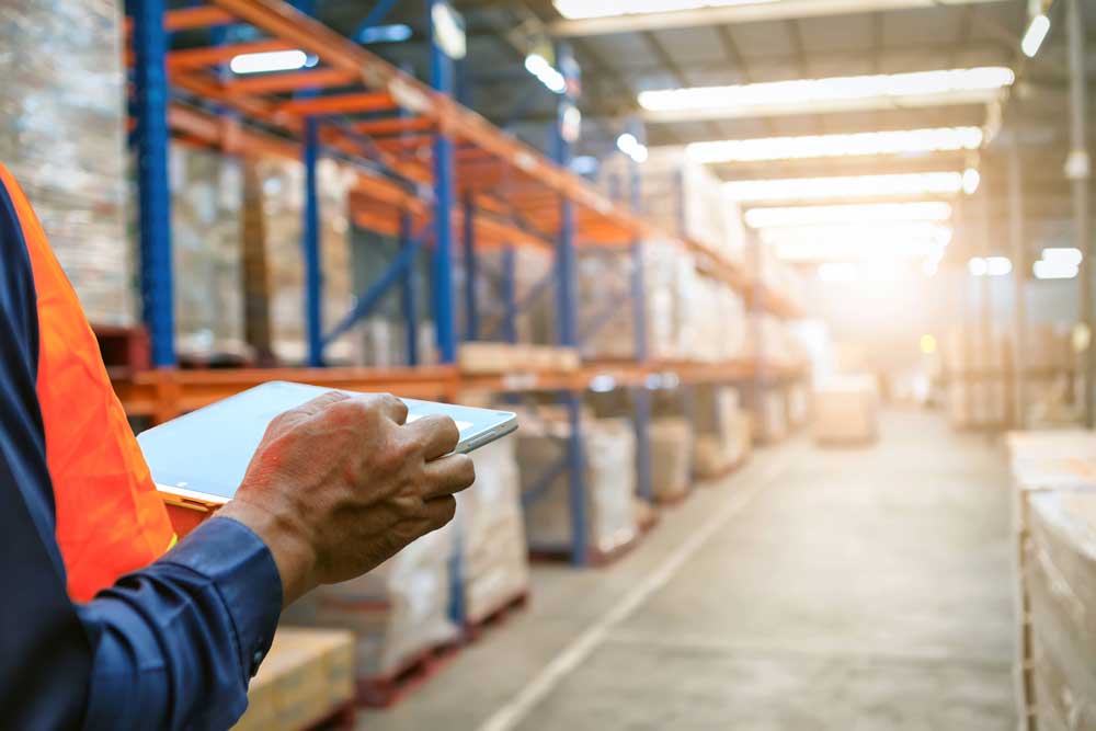 warehouse worker checking inventory with specialized WMS