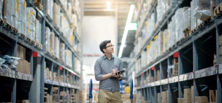 warehouse manager examines inventory