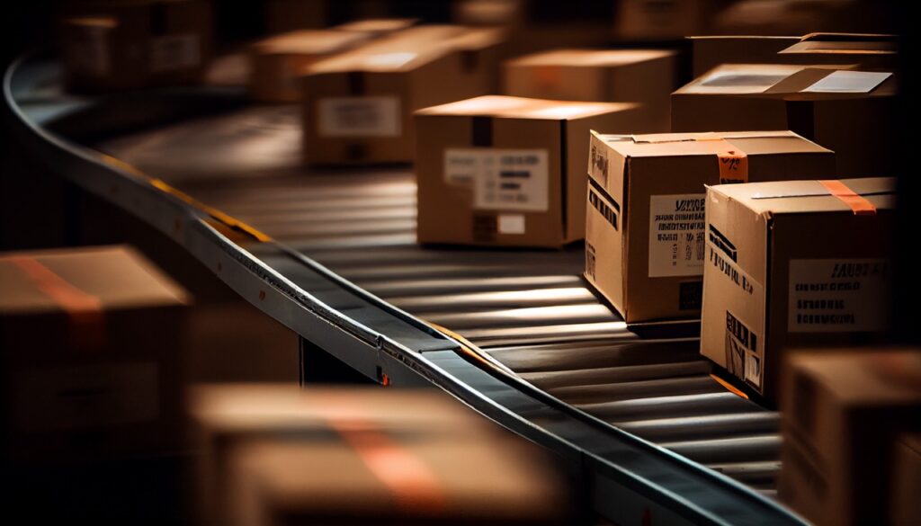 boxes move on a conveyor belt in a warehouse