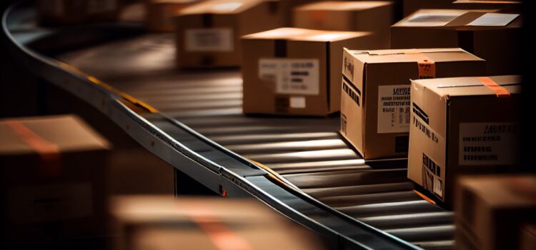 boxes move on a conveyor belt in a warehouse