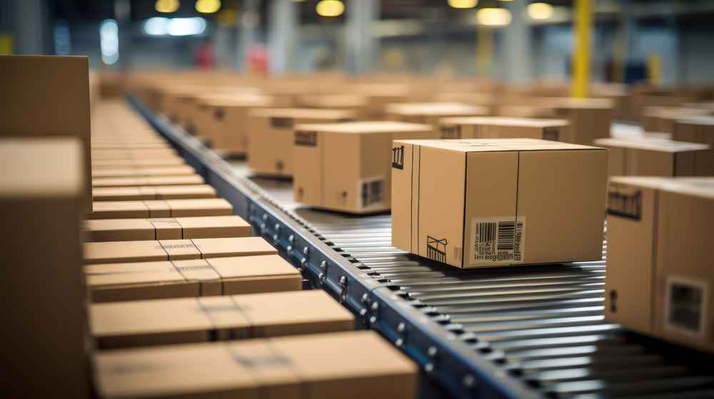 Shipping boxes moving down conveyer belt