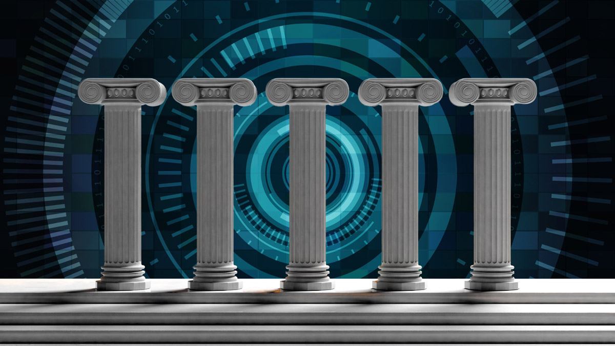 Five pillars in front of blue background